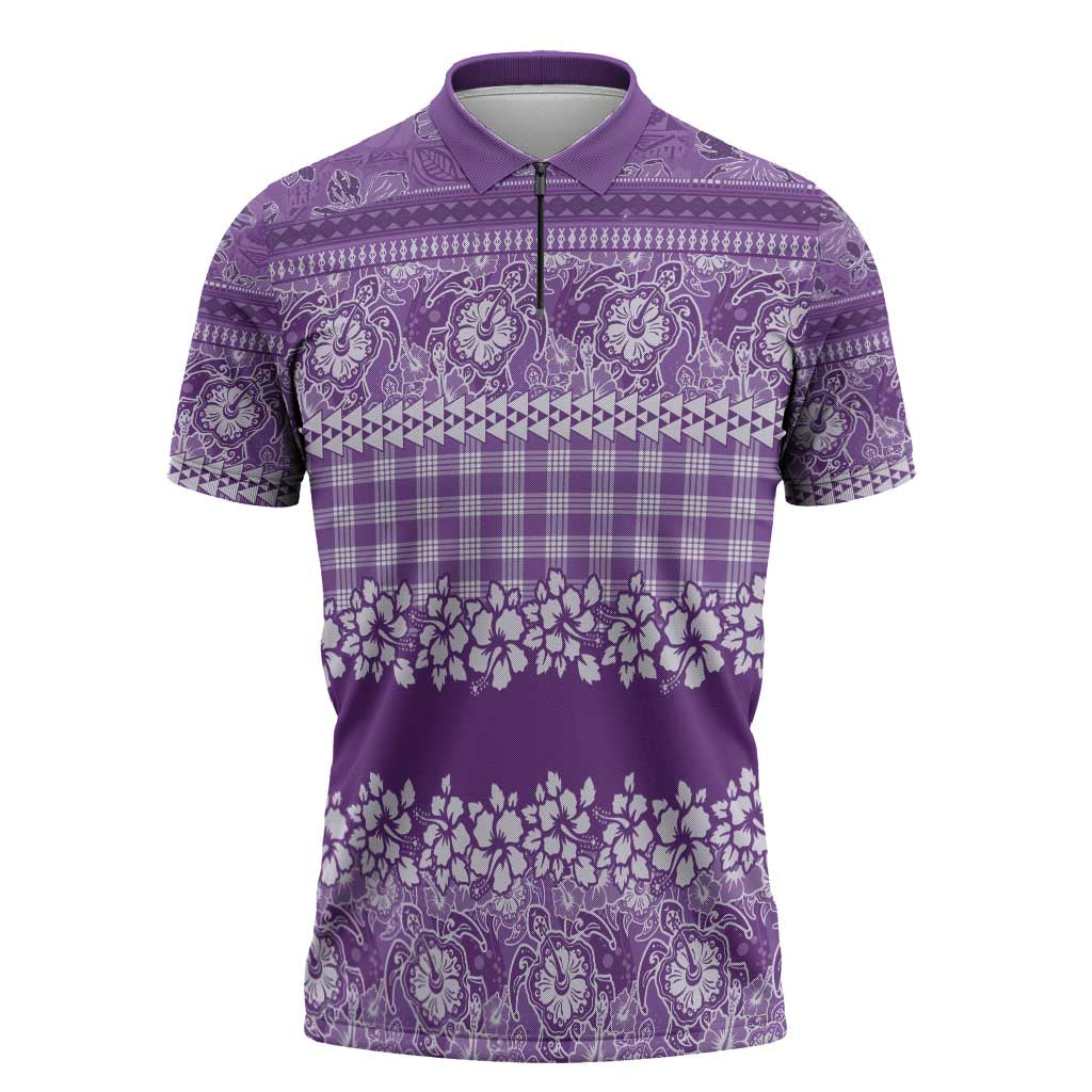 Hawaiian Hibiscus Honu Zipper Polo Shirt Purple Mele Kalikimaka Palaka Spirit - Polynesian Pride
