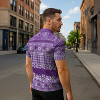 Hawaiian Hibiscus Honu Zipper Polo Shirt Purple Mele Kalikimaka Palaka Spirit - Polynesian Pride