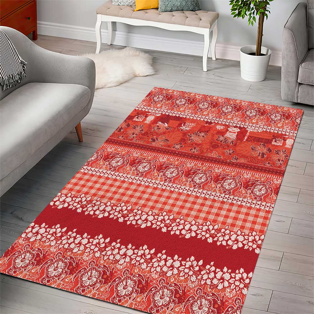 Hawaiian Hibiscus Honu Area Rug Red Mele Kalikimaka Palaka Spirit - Polynesian Pride