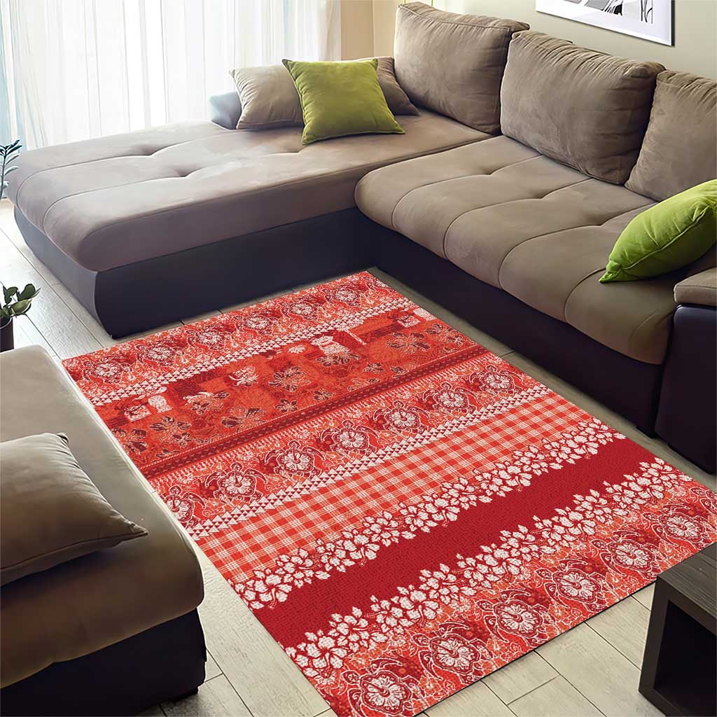 Hawaiian Hibiscus Honu Area Rug Red Mele Kalikimaka Palaka Spirit - Polynesian Pride