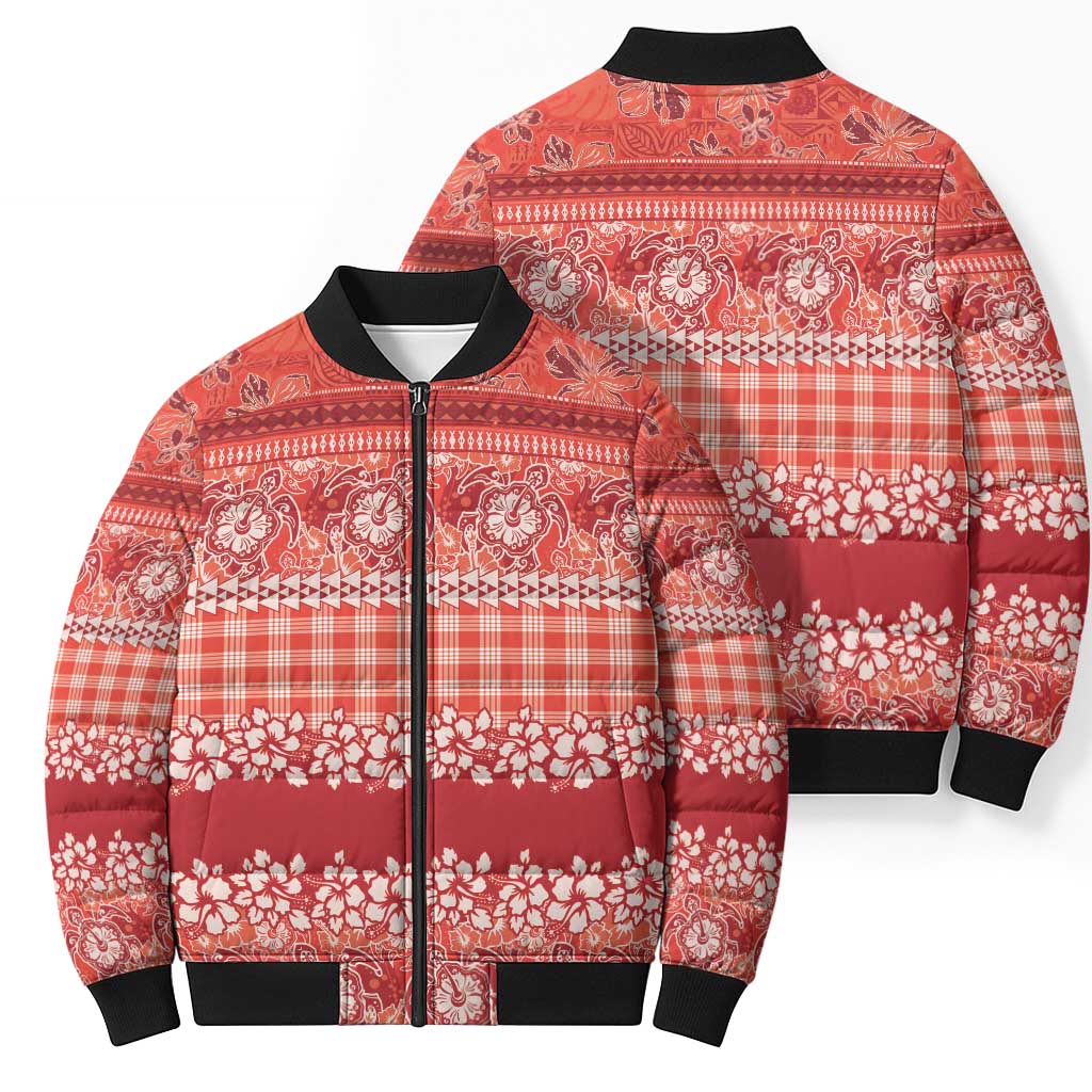 Hawaiian Hibiscus Honu Bomber Puffer Jacket Red Mele Kalikimaka Palaka Spirit - Polynesian Pride