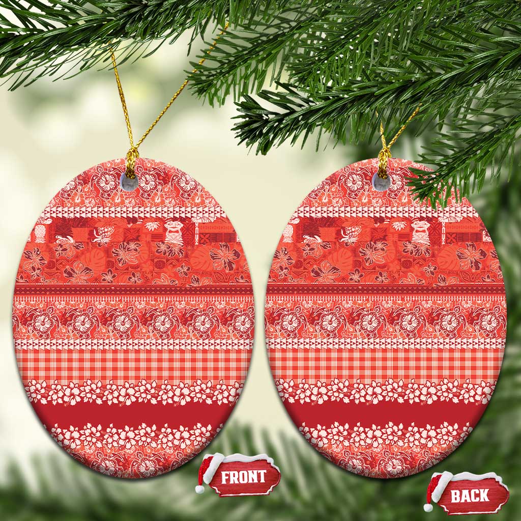 Hawaiian Hibiscus Honu Ceramic Ornament Red Mele Kalikimaka Palaka Spirit - Polynesian Pride