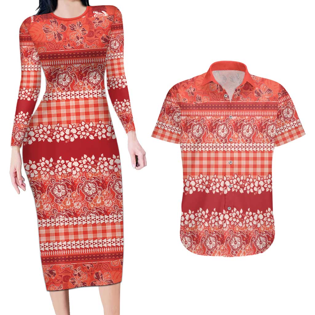 Hawaiian Hibiscus Honu Couples Matching Long Sleeve Bodycon Dress and Hawaiian Shirt Red Mele Kalikimaka Palaka Spirit LT9 Red - Polynesian Pride
