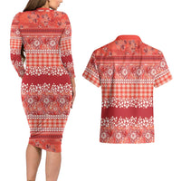 Hawaiian Hibiscus Honu Couples Matching Long Sleeve Bodycon Dress and Hawaiian Shirt Red Mele Kalikimaka Palaka Spirit LT9 - Polynesian Pride