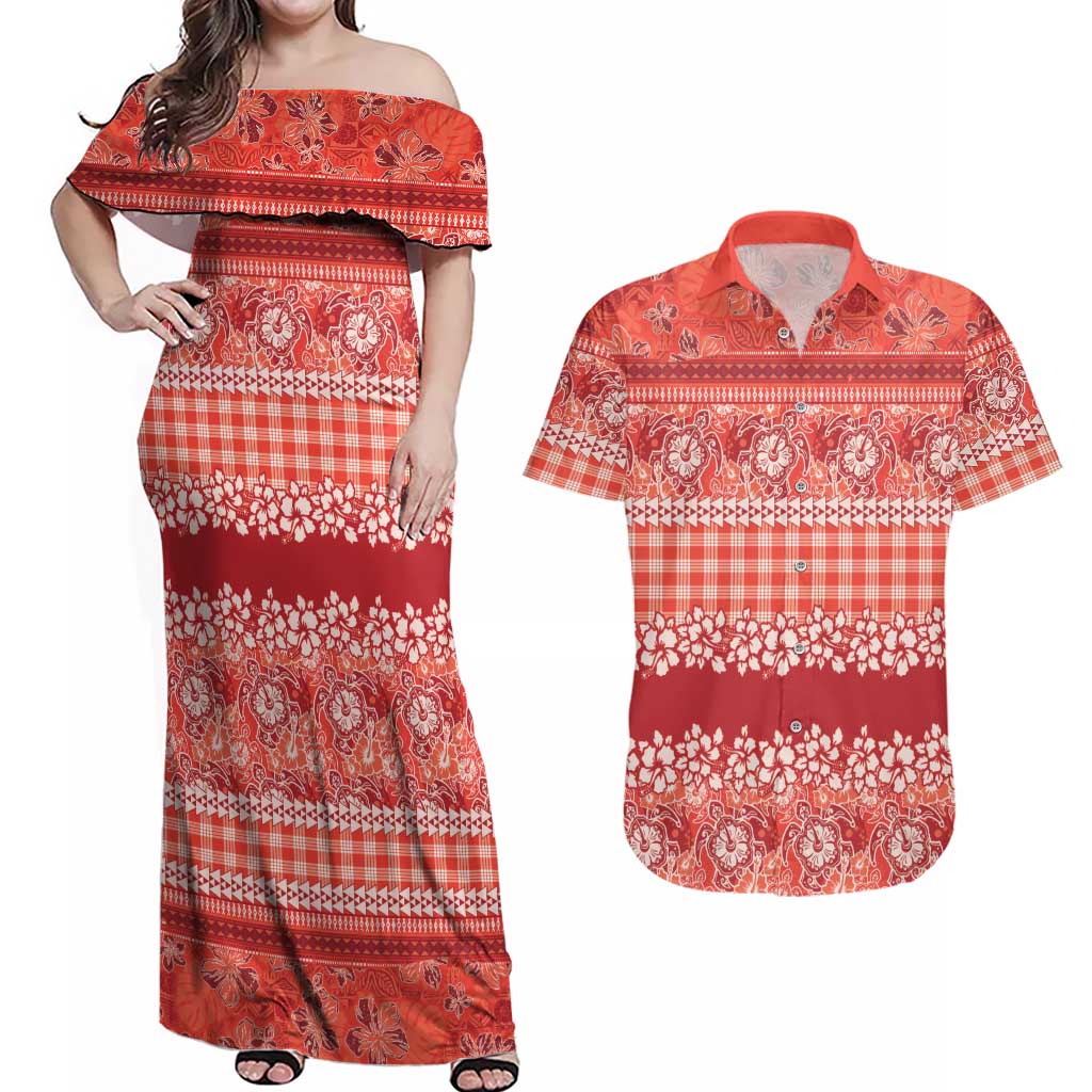 Hawaiian Hibiscus Honu Couples Matching Off Shoulder Maxi Dress and Hawaiian Shirt Red Mele Kalikimaka Palaka Spirit - Polynesian Pride