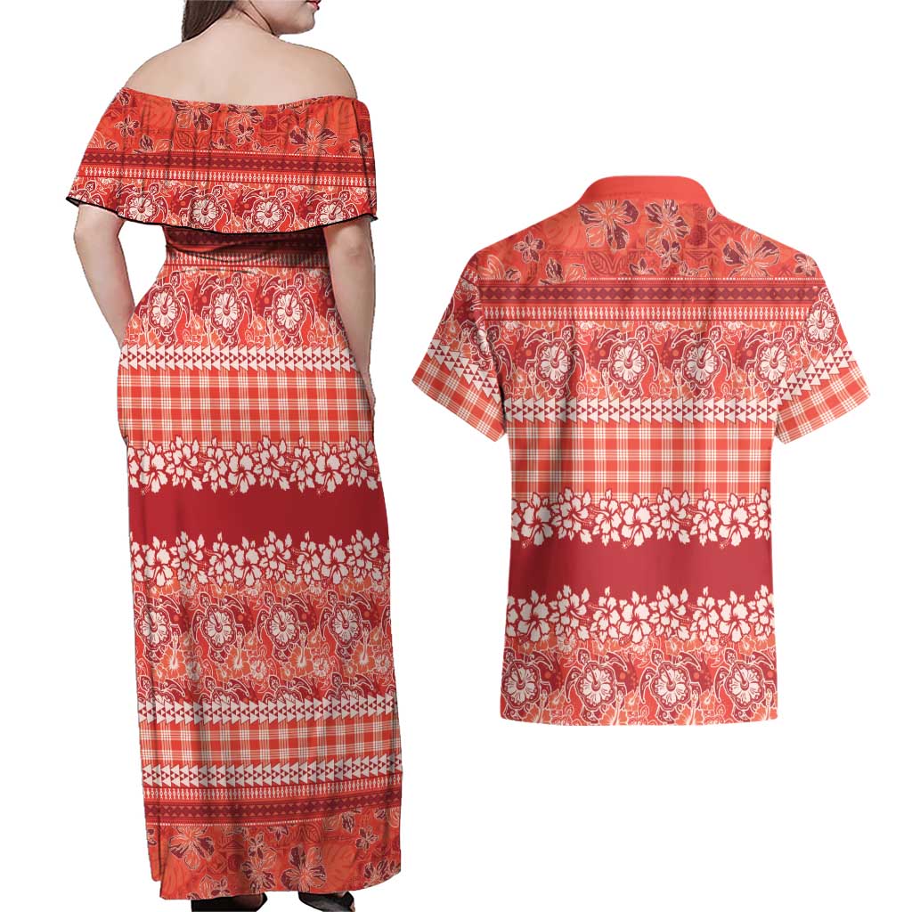 Hawaiian Hibiscus Honu Couples Matching Off Shoulder Maxi Dress and Hawaiian Shirt Red Mele Kalikimaka Palaka Spirit - Polynesian Pride