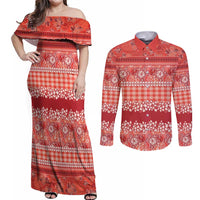 Hawaiian Hibiscus Honu Couples Matching Off Shoulder Maxi Dress and Long Sleeve Button Shirt Red Mele Kalikimaka Palaka Spirit - Polynesian Pride
