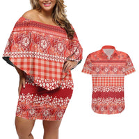 Hawaiian Hibiscus Honu Couples Matching Off Shoulder Short Dress and Hawaiian Shirt Red Mele Kalikimaka Palaka Spirit - Polynesian Pride