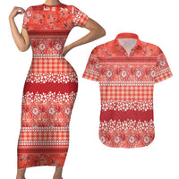 Hawaiian Hibiscus Honu Couples Matching Short Sleeve Bodycon Dress and Hawaiian Shirt Red Mele Kalikimaka Palaka Spirit LT9 Red - Polynesian Pride