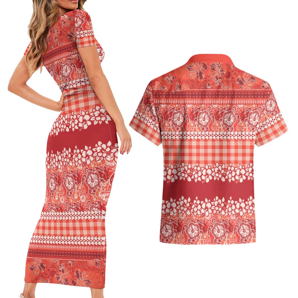 Hawaiian Hibiscus Honu Couples Matching Short Sleeve Bodycon Dress and Hawaiian Shirt Red Mele Kalikimaka Palaka Spirit LT9 - Polynesian Pride