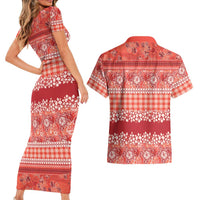 Hawaiian Hibiscus Honu Couples Matching Short Sleeve Bodycon Dress and Hawaiian Shirt Red Mele Kalikimaka Palaka Spirit LT9 - Polynesian Pride
