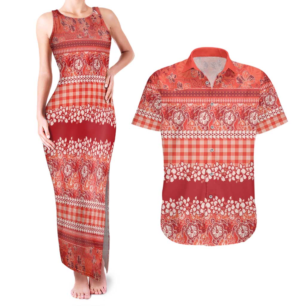 Hawaiian Hibiscus Honu Couples Matching Tank Maxi Dress and Hawaiian Shirt Red Mele Kalikimaka Palaka Spirit - Polynesian Pride