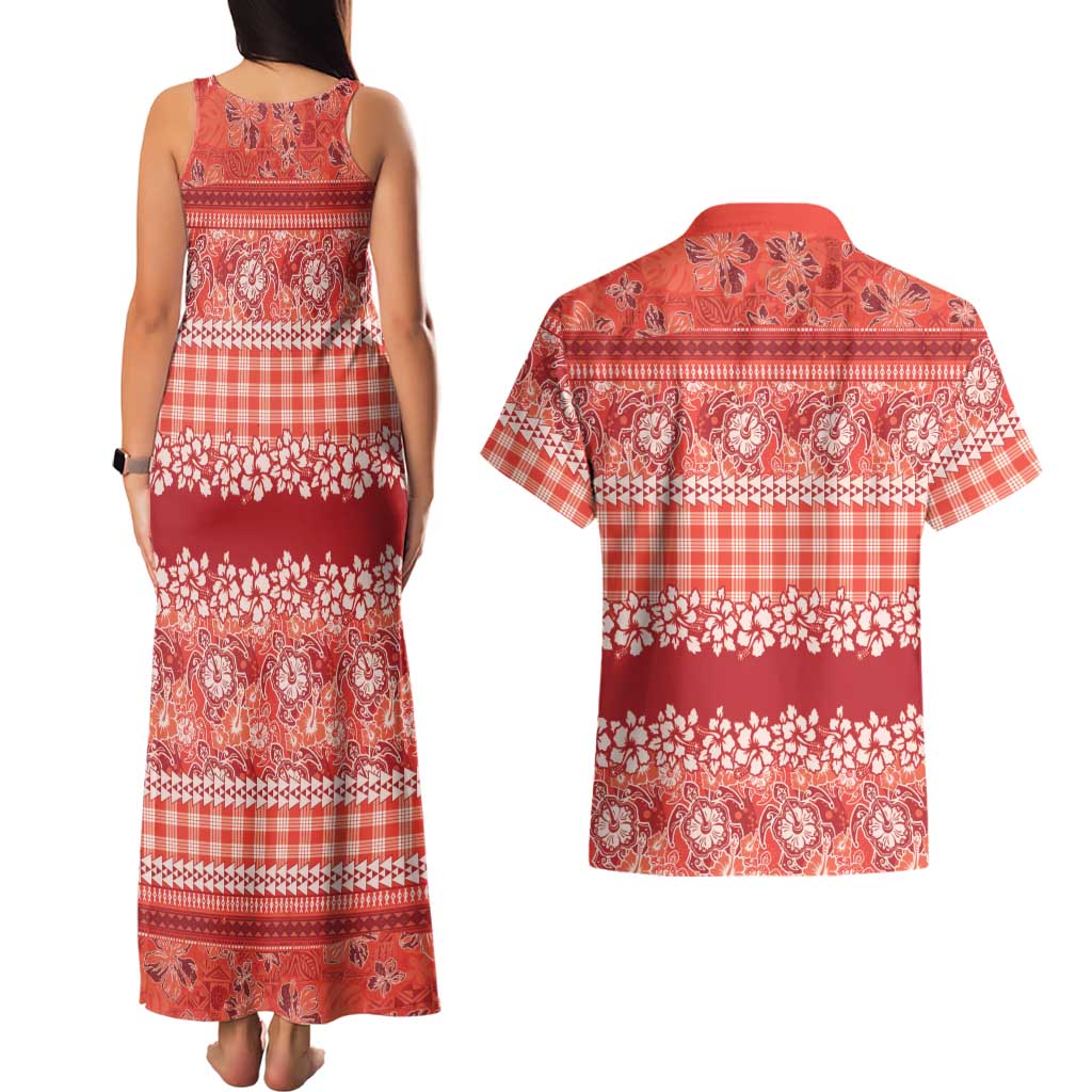 Hawaiian Hibiscus Honu Couples Matching Tank Maxi Dress and Hawaiian Shirt Red Mele Kalikimaka Palaka Spirit - Polynesian Pride