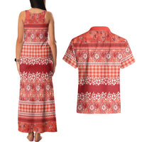 Hawaiian Hibiscus Honu Couples Matching Tank Maxi Dress and Hawaiian Shirt Red Mele Kalikimaka Palaka Spirit - Polynesian Pride