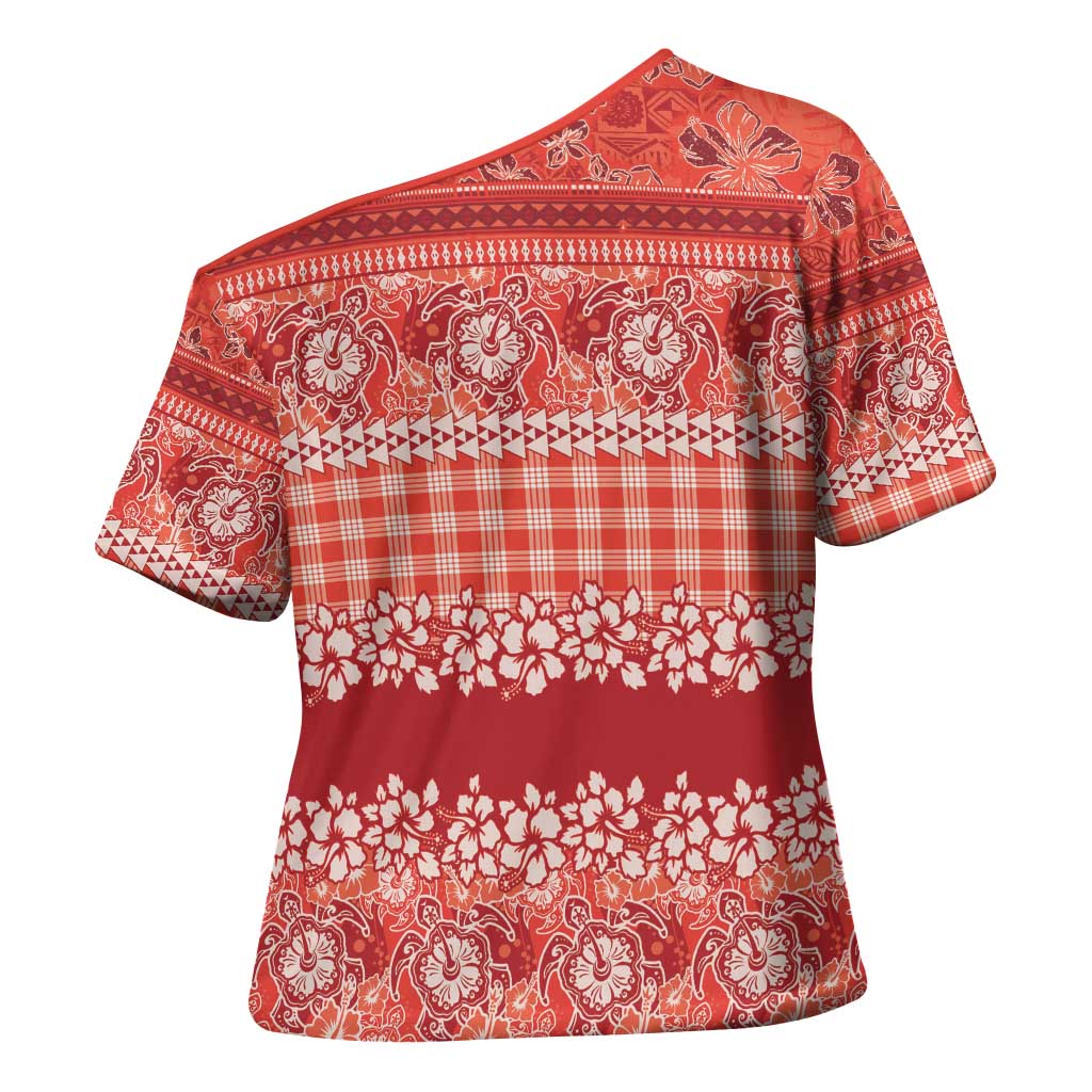 Hawaiian Hibiscus Honu Cross Shoulder Shirt Red Mele Kalikimaka Palaka Spirit - Polynesian Pride