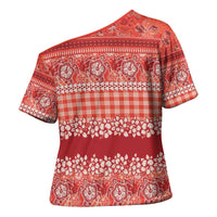 Hawaiian Hibiscus Honu Cross Shoulder Shirt Red Mele Kalikimaka Palaka Spirit - Polynesian Pride