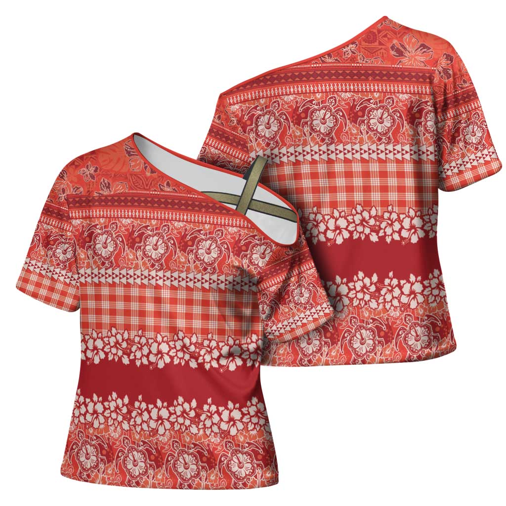 Hawaiian Hibiscus Honu Cross Shoulder Shirt Red Mele Kalikimaka Palaka Spirit - Polynesian Pride