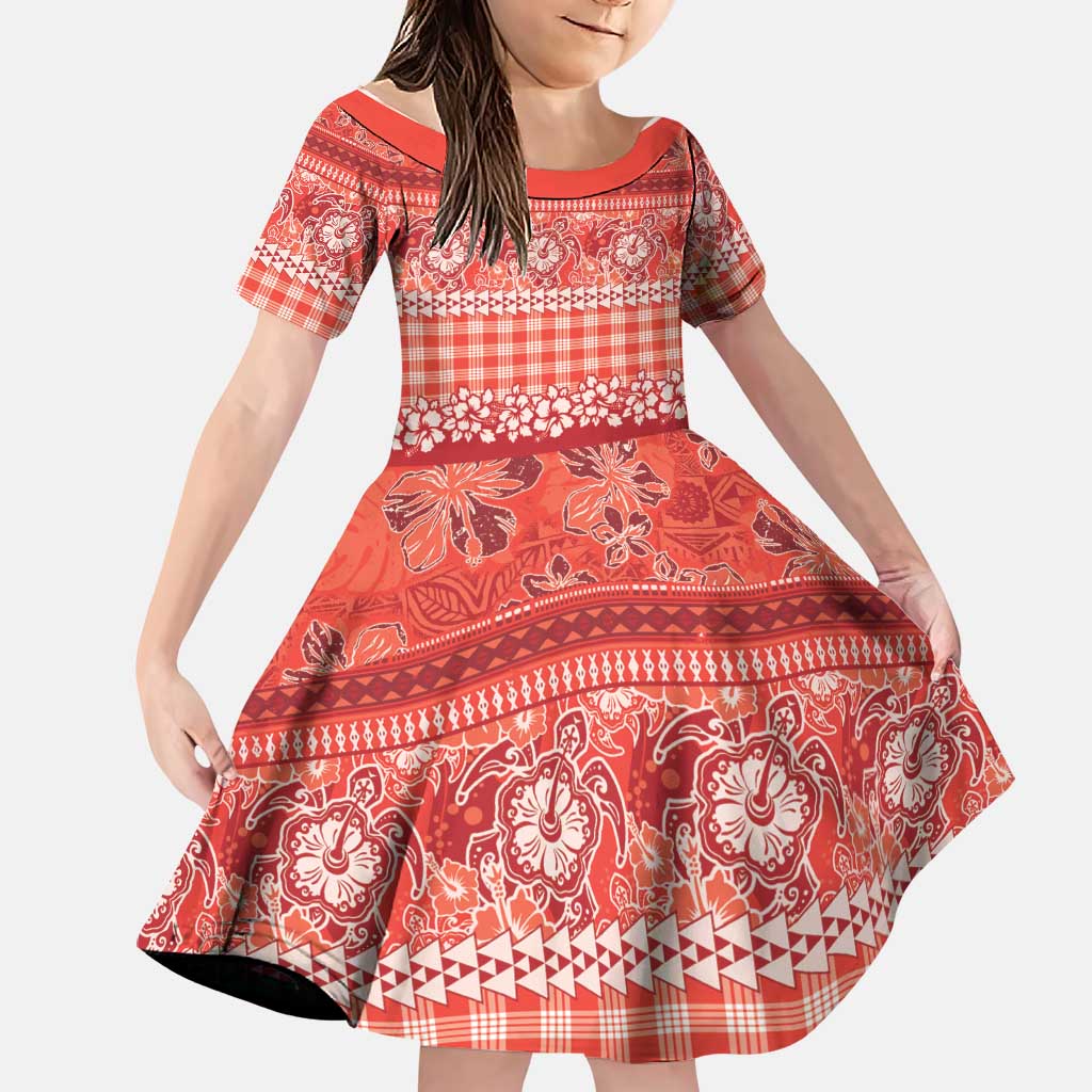 Hawaiian Hibiscus Honu Family Matching Long Sleeve Bodycon Dress and Hawaiian Shirt Red Mele Kalikimaka Palaka Spirit LT9 Daughter's Dress Red - Polynesian Pride