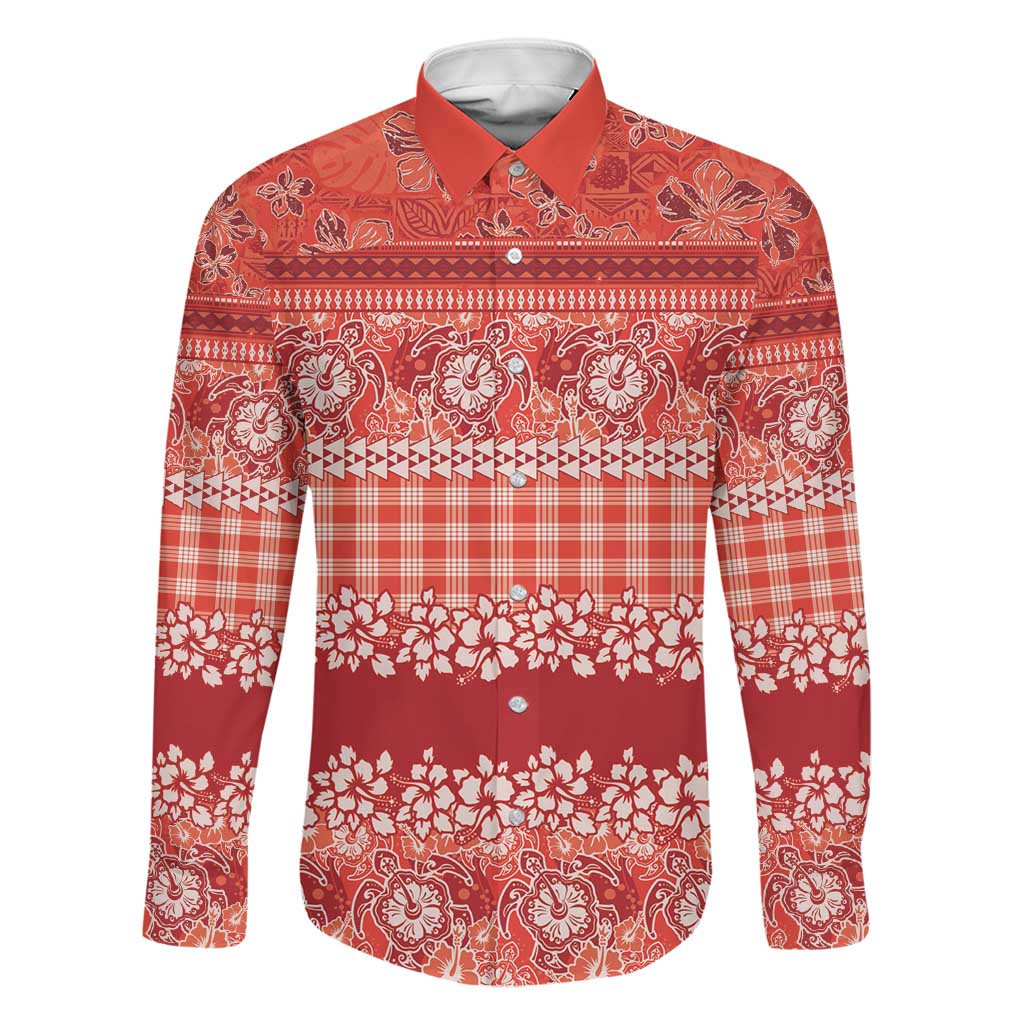 Hawaiian Hibiscus Honu Family Matching Long Sleeve Bodycon Dress and Hawaiian Shirt Red Mele Kalikimaka Palaka Spirit LT9 Dad's Shirt - Long Sleeve Red - Polynesian Pride