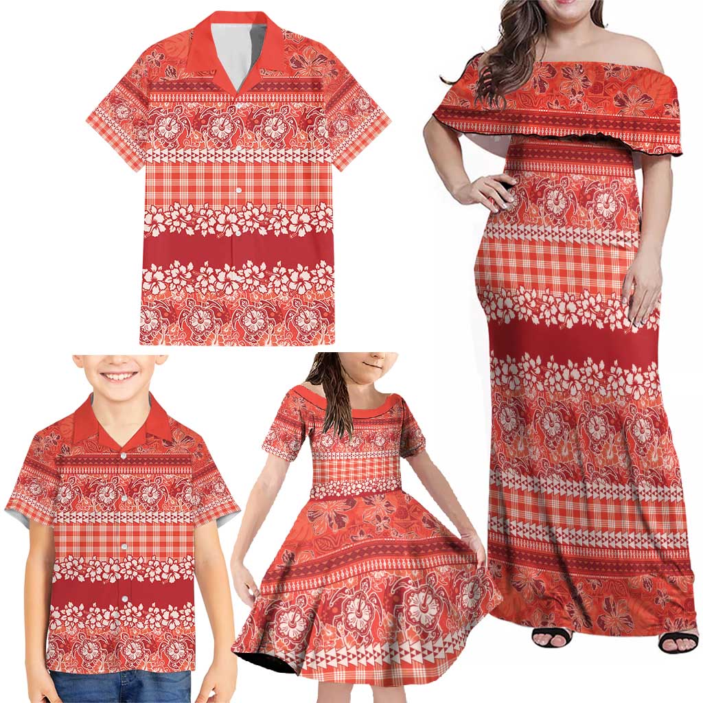 Hawaiian Hibiscus Honu Family Matching Off Shoulder Maxi Dress and Hawaiian Shirt Red Mele Kalikimaka Palaka Spirit - Polynesian Pride