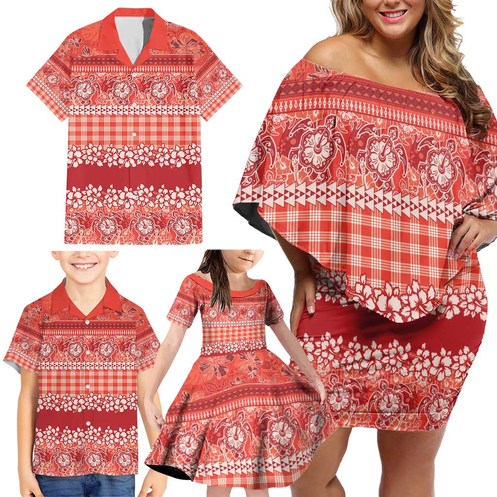 Hawaiian Hibiscus Honu Family Matching Off Shoulder Short Dress and Hawaiian Shirt Red Mele Kalikimaka Palaka Spirit - Polynesian Pride