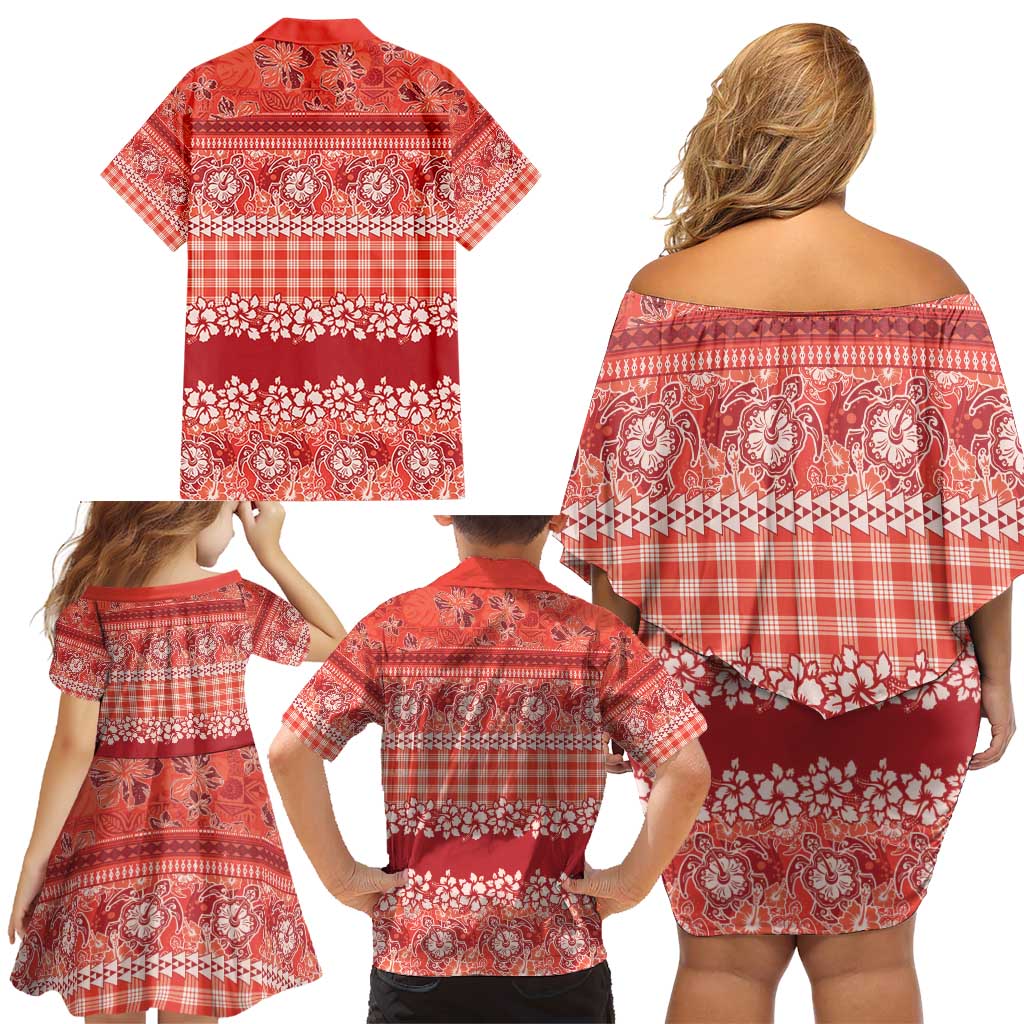 Hawaiian Hibiscus Honu Family Matching Off Shoulder Short Dress and Hawaiian Shirt Red Mele Kalikimaka Palaka Spirit - Polynesian Pride