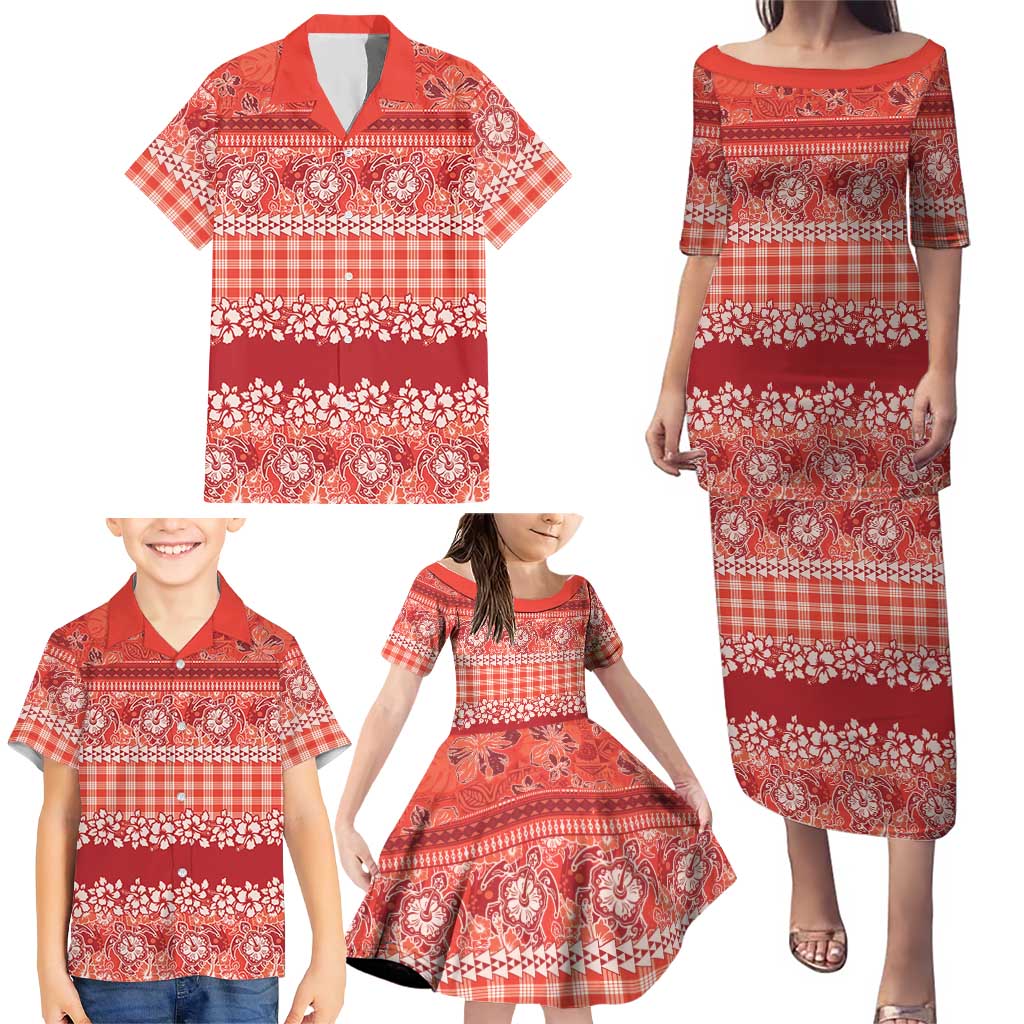 Hawaiian Hibiscus Honu Family Matching Puletasi and Hawaiian Shirt Red Mele Kalikimaka Palaka Spirit - Polynesian Pride