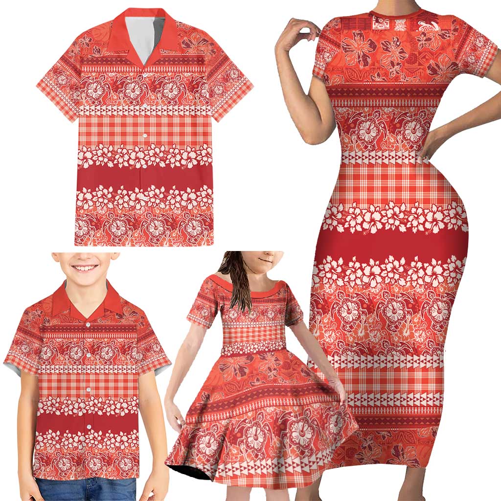 Hawaiian Hibiscus Honu Family Matching Short Sleeve Bodycon Dress and Hawaiian Shirt Red Mele Kalikimaka Palaka Spirit - Polynesian Pride