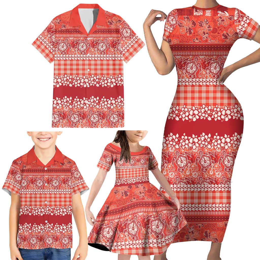 Hawaiian Hibiscus Honu Family Matching Short Sleeve Bodycon Dress and Hawaiian Shirt Red Mele Kalikimaka Palaka Spirit - Polynesian Pride