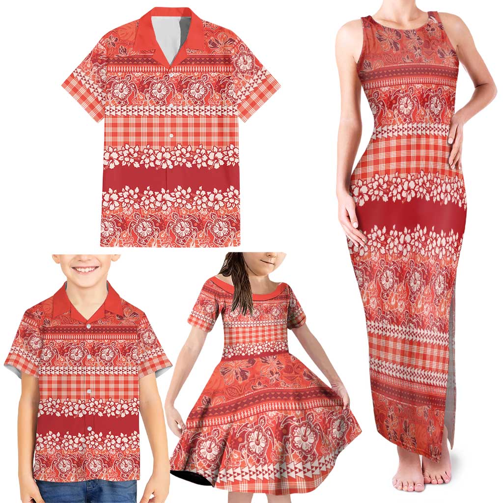 Hawaiian Hibiscus Honu Family Matching Tank Maxi Dress and Hawaiian Shirt Red Mele Kalikimaka Palaka Spirit - Polynesian Pride