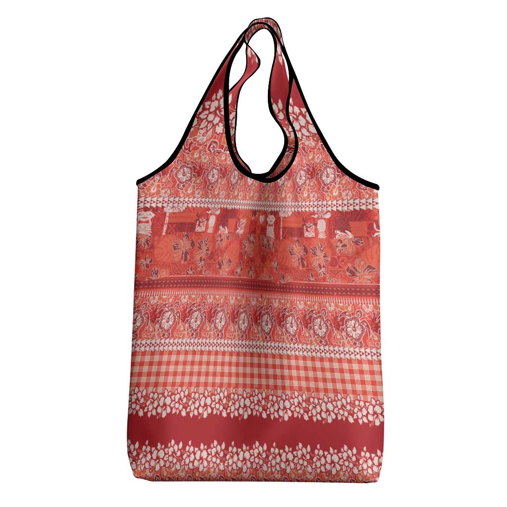 Hawaiian Hibiscus Honu Grocery Bag Red Mele Kalikimaka Palaka Spirit - Polynesian Pride