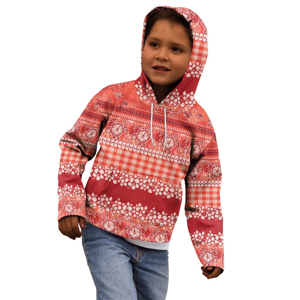 Hawaiian Hibiscus Honu Kid Hoodie Red Mele Kalikimaka Palaka Spirit - Polynesian Pride