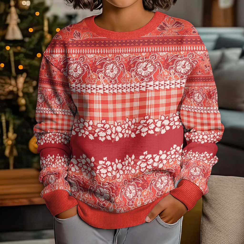 Hawaiian Hibiscus Honu Kid Ugly Christmas Sweater Red Mele Kalikimaka Palaka Spirit - Polynesian Pride
