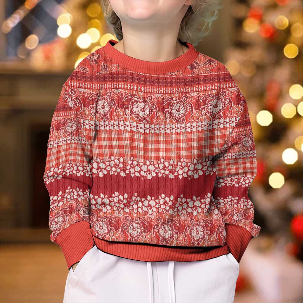 Hawaiian Hibiscus Honu Kid Ugly Christmas Sweater Red Mele Kalikimaka Palaka Spirit - Polynesian Pride