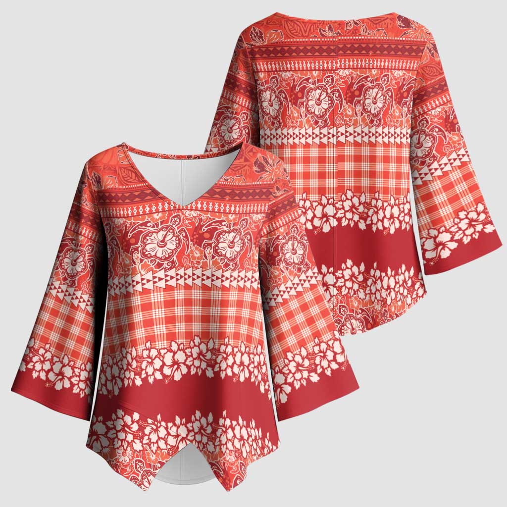 Hawaiian Hibiscus Honu Kimono Sleeve Blouse Red Mele Kalikimaka Palaka Spirit - Polynesian Pride