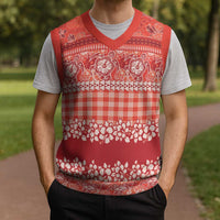 Hawaiian Hibiscus Honu Christmas Knitted V-Neck Vest Red Mele Kalikimaka Palaka Spirit - Polynesian Pride