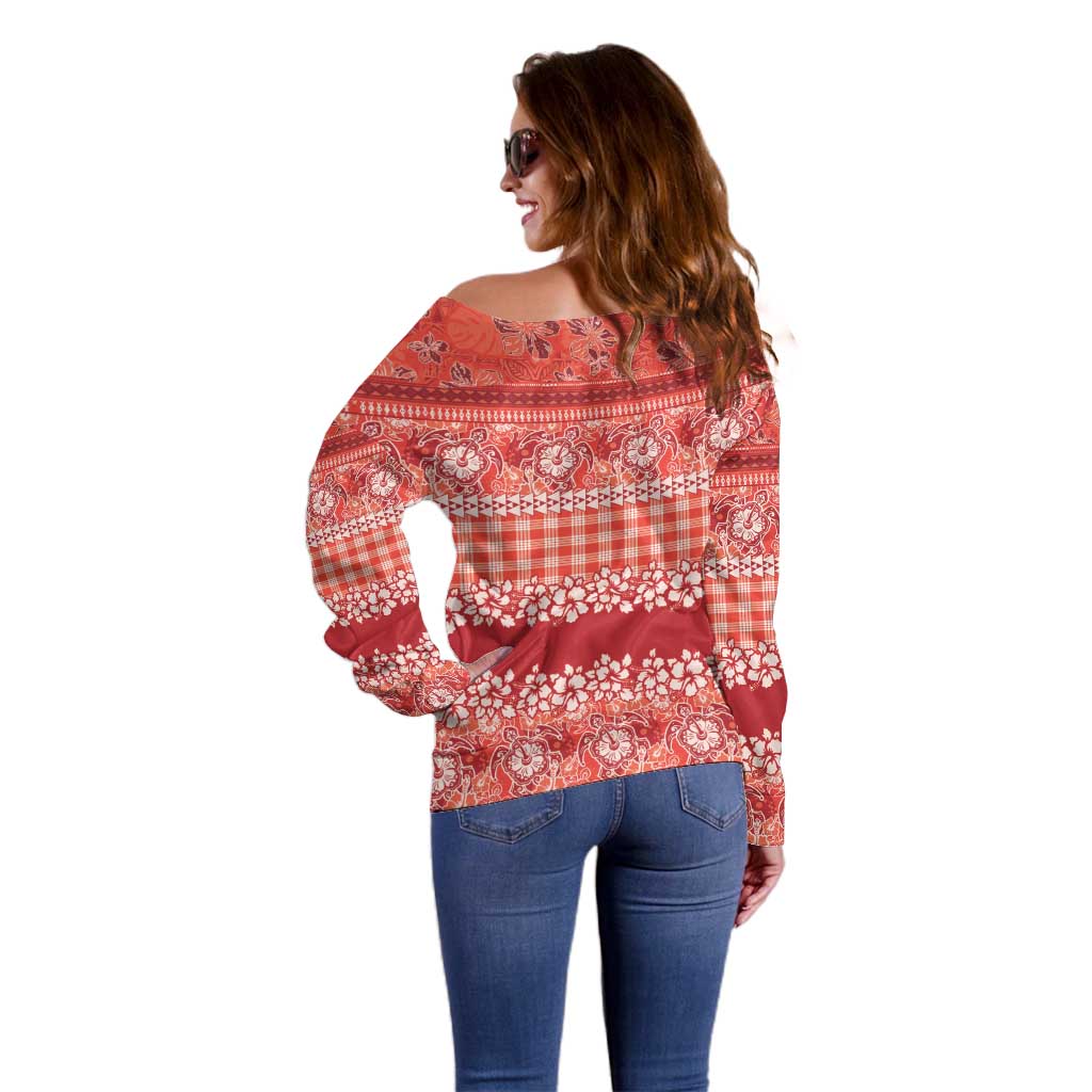Hawaiian Hibiscus Honu Off Shoulder Sweater Red Mele Kalikimaka Palaka Spirit - Polynesian Pride