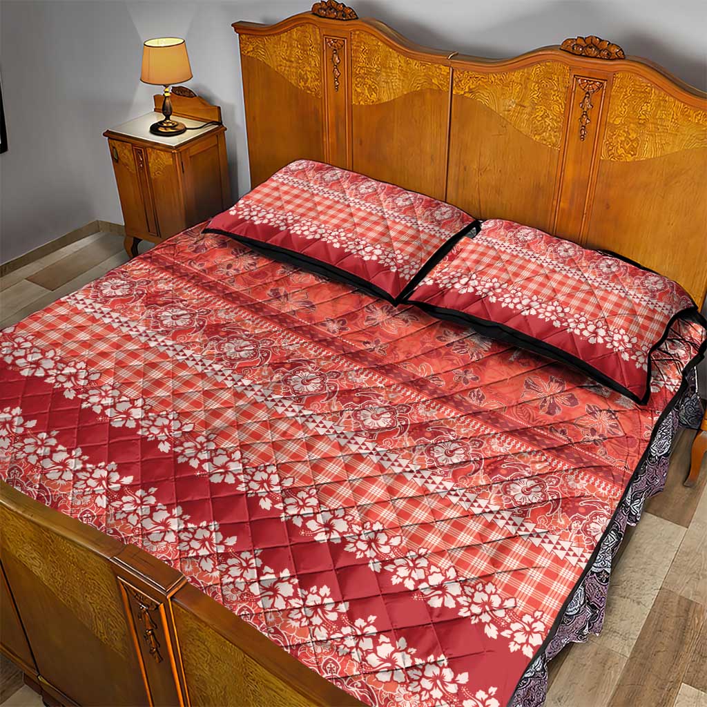 Hawaiian Hibiscus Honu Quilt Bed Set Red Mele Kalikimaka Palaka Spirit - Polynesian Pride