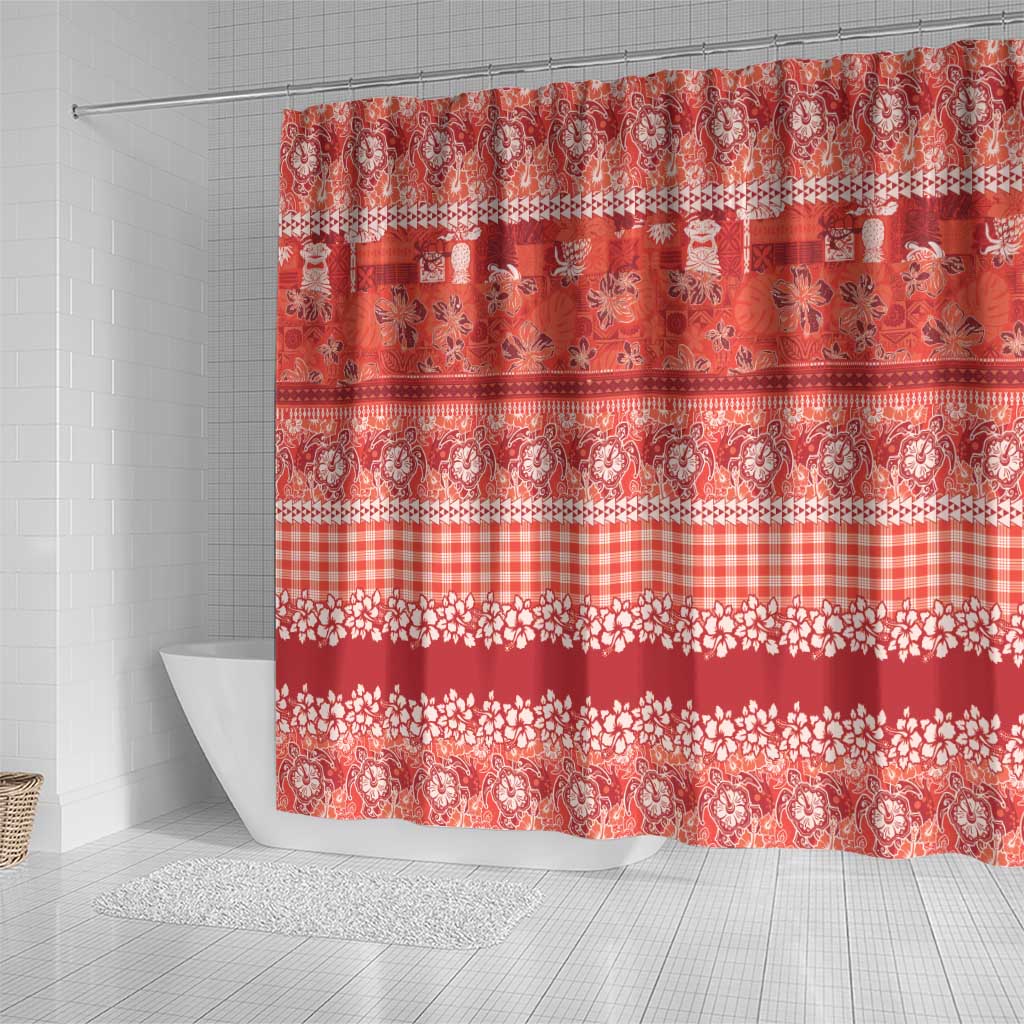 Hawaiian Hibiscus Honu Shower Curtain Red Mele Kalikimaka Palaka Spirit - Polynesian Pride