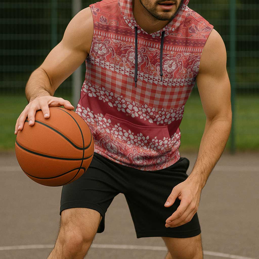 Hawaiian Hibiscus Honu Sleeveless Hoodie Red Mele Kalikimaka Palaka Spirit - Polynesian Pride