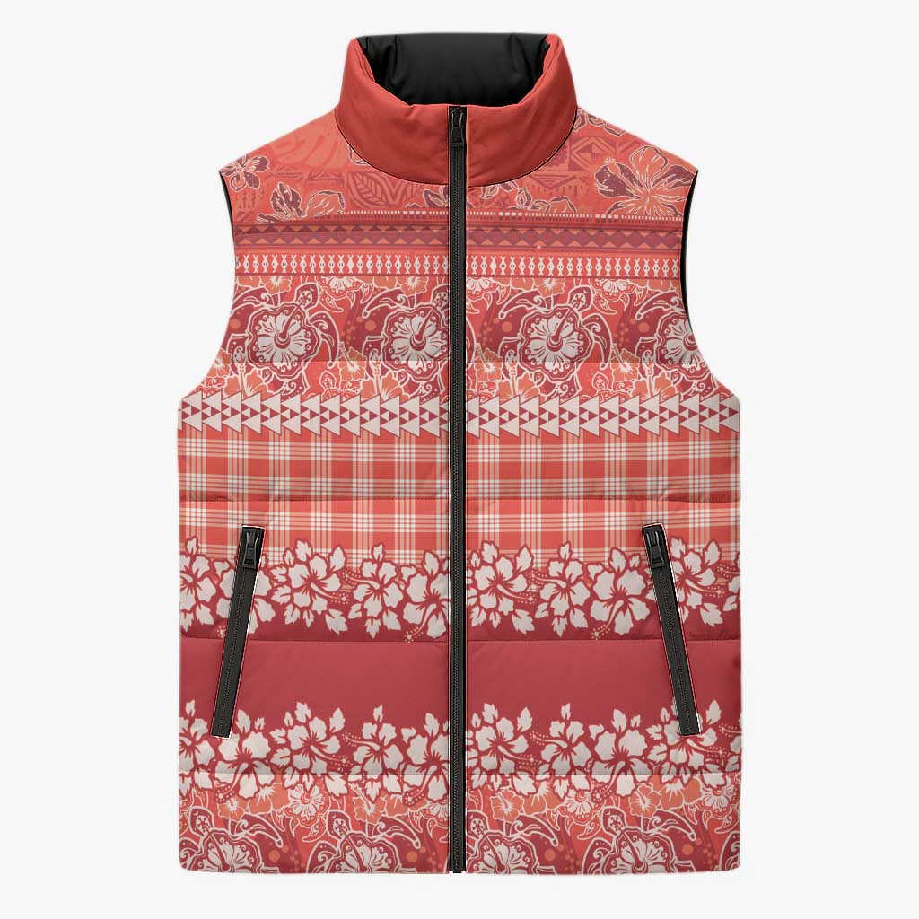 Hawaiian Hibiscus Honu Sleeveless Puffer Jacket Red Mele Kalikimaka Palaka Spirit - Polynesian Pride