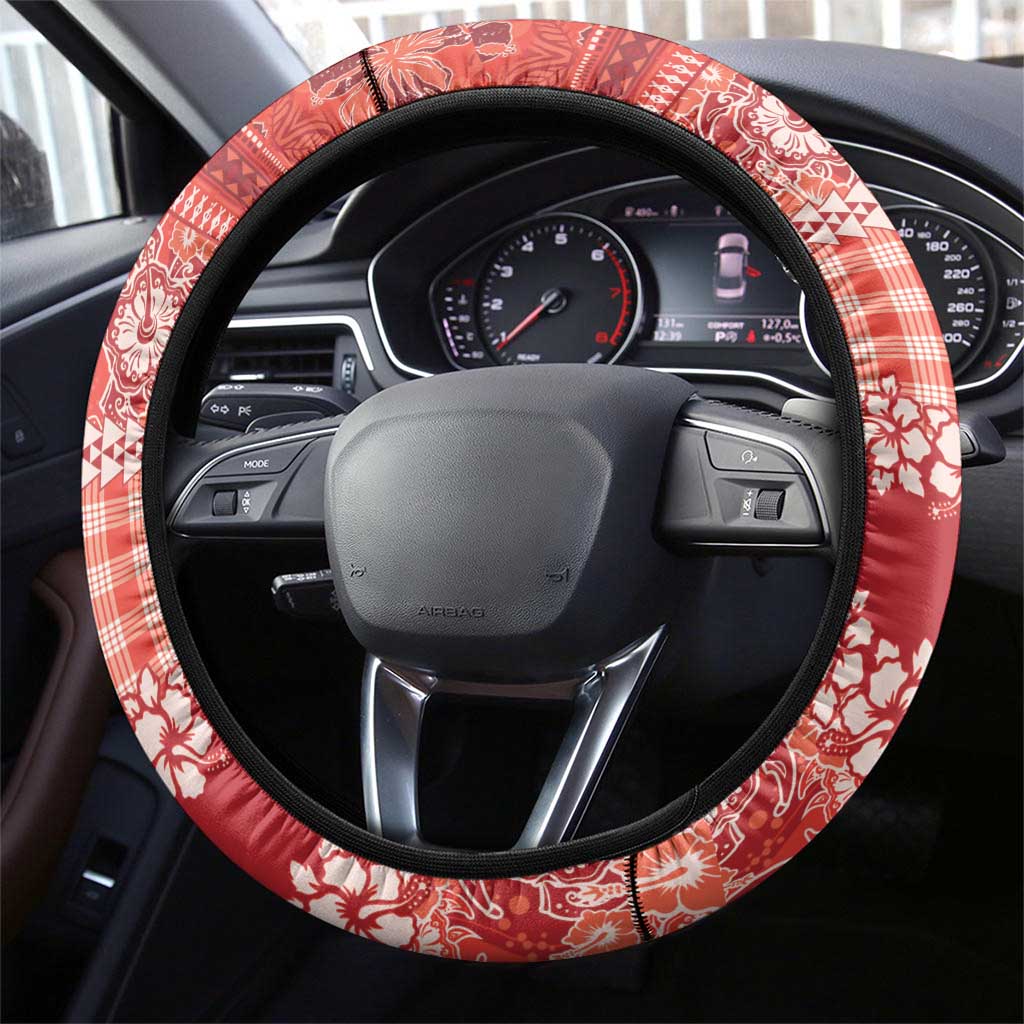 Hawaiian Hibiscus Honu Steering Wheel Cover Red Mele Kalikimaka Palaka Spirit - Polynesian Pride