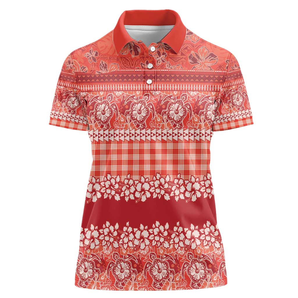 Hawaiian Hibiscus Honu Women Polo Shirt Red Mele Kalikimaka Palaka Spirit - Polynesian Pride