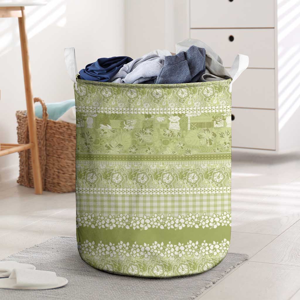 Hawaiian Hibiscus Honu Laundry Basket Sage Green Mele Kalikimaka Palaka Spirit - Polynesian Pride