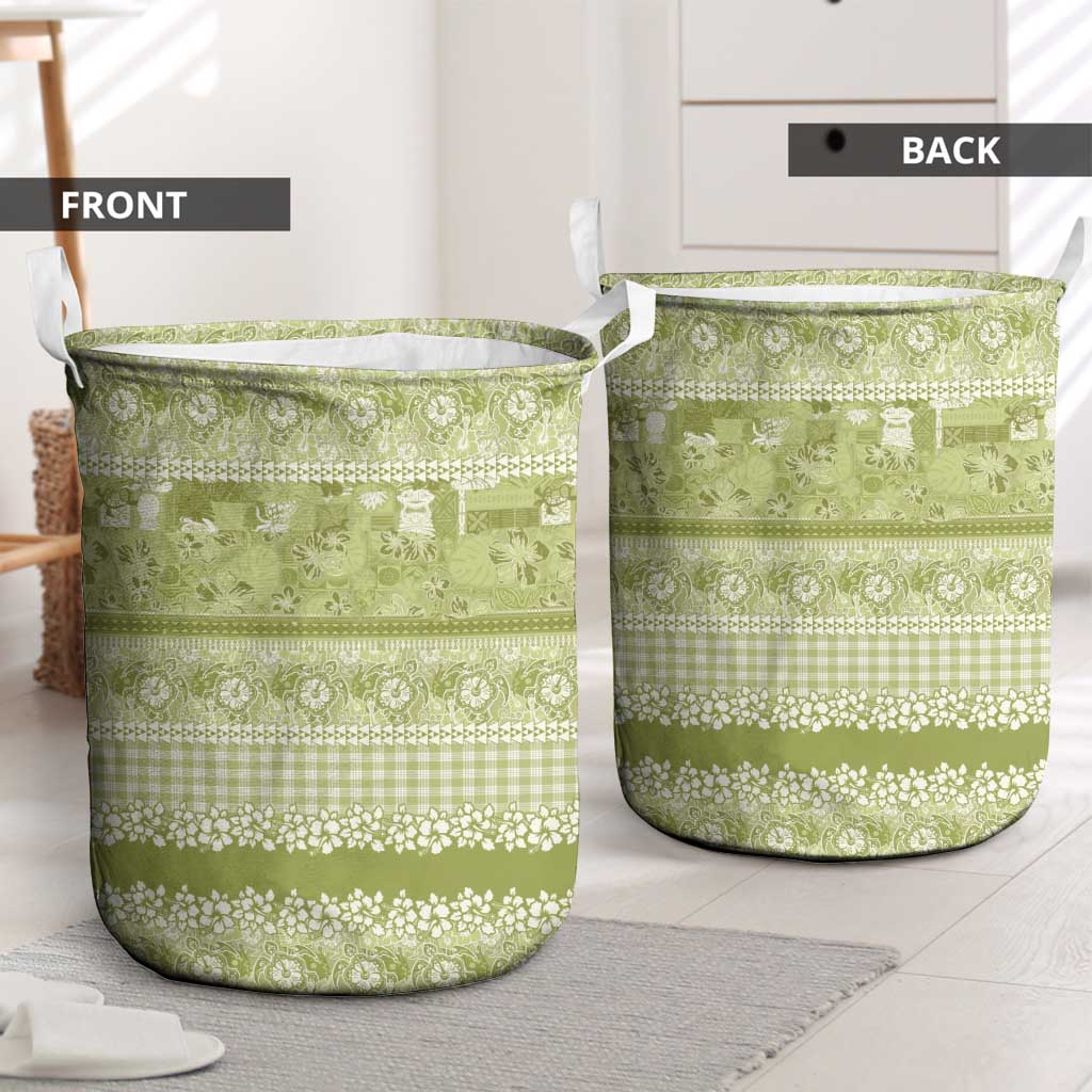 Hawaiian Hibiscus Honu Laundry Basket Sage Green Mele Kalikimaka Palaka Spirit - Polynesian Pride