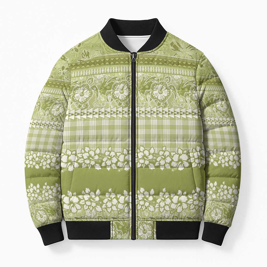 Hawaiian Hibiscus Honu Bomber Puffer Jacket Sage Green Mele Kalikimaka Palaka Spirit - Polynesian Pride