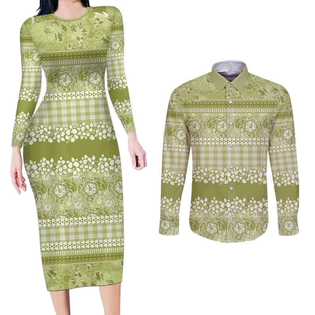 Hawaiian Hibiscus Honu Couples Matching Long Sleeve Bodycon Dress and Long Sleeve Button Shirt Sage Green Mele Kalikimaka Palaka Spirit - Polynesian Pride