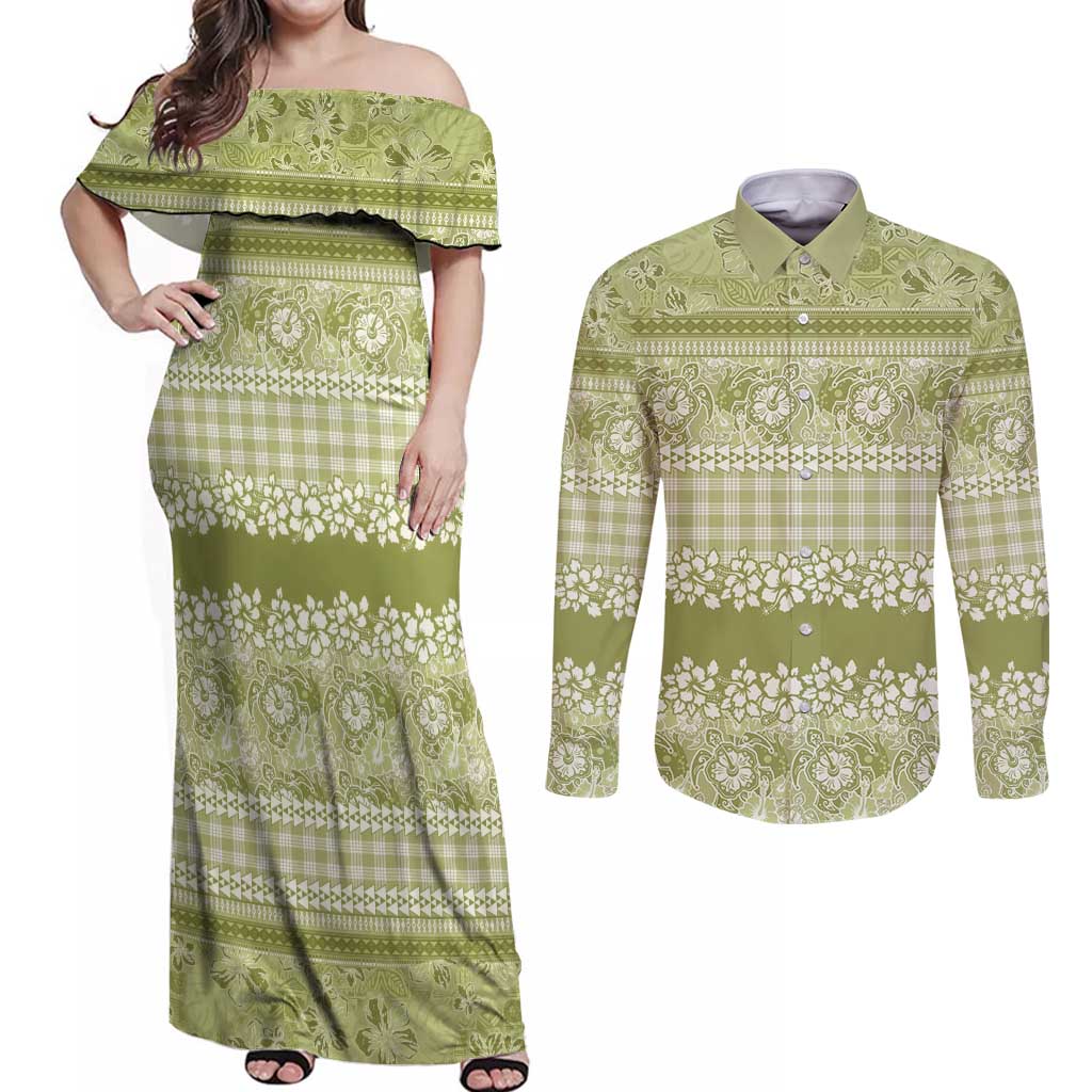 Hawaiian Hibiscus Honu Couples Matching Off Shoulder Maxi Dress and Long Sleeve Button Shirt Sage Green Mele Kalikimaka Palaka Spirit - Polynesian Pride