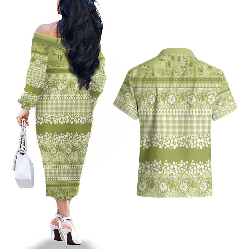 Hawaiian Hibiscus Honu Couples Matching Off The Shoulder Long Sleeve Dress and Hawaiian Shirt Sage Green Mele Kalikimaka Palaka Spirit - Polynesian Pride