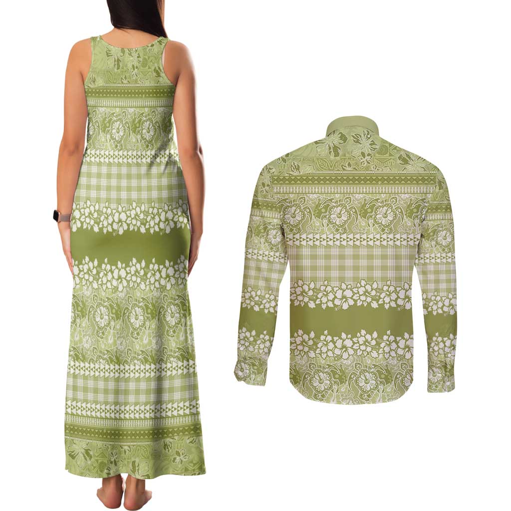 Hawaiian Hibiscus Honu Couples Matching Tank Maxi Dress and Long Sleeve Button Shirt Sage Green Mele Kalikimaka Palaka Spirit - Polynesian Pride